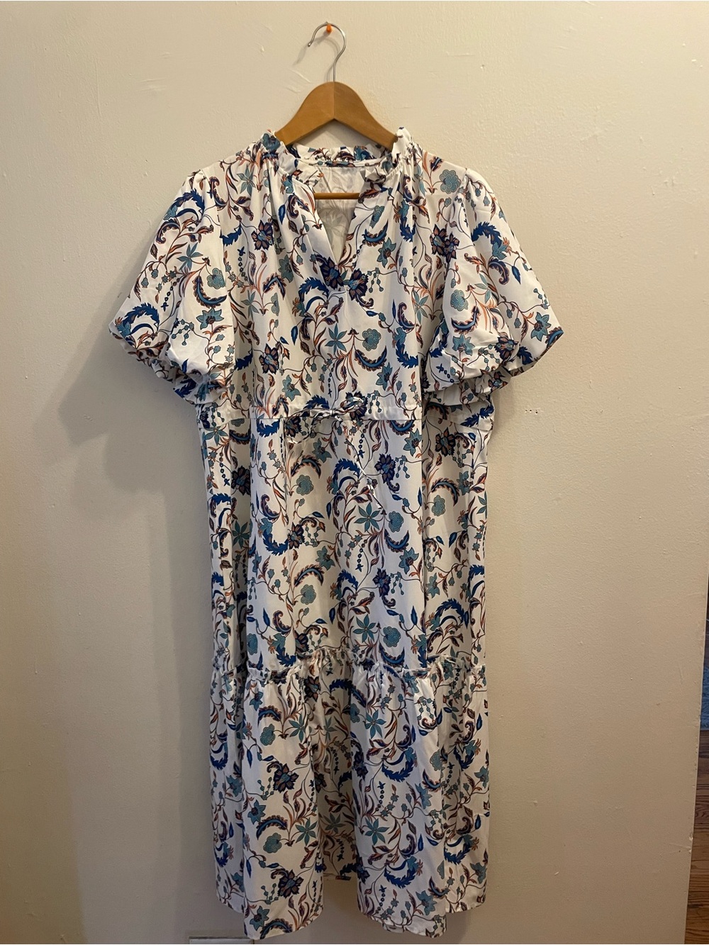 Floral Midi Dress in White and Blue - Lightweight Tiered Dress
